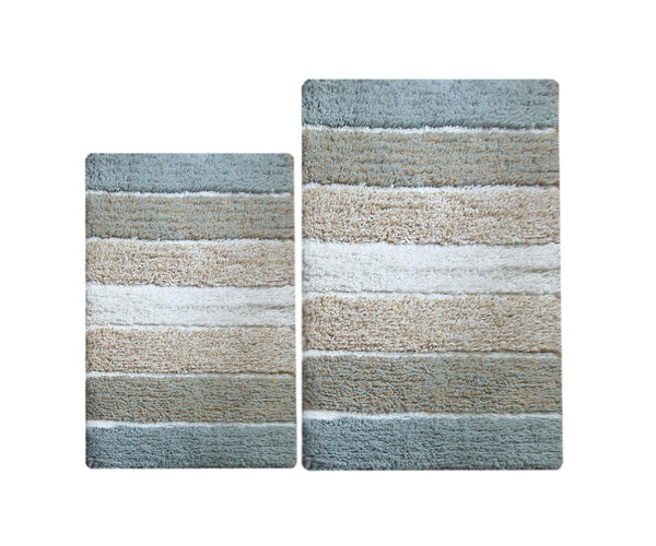 Chardin Home - 100% Pure Cotton - 2 Piece Cordural Stripe Bath Rug Set, (21''x34'' & 17''x24'') Gray-Beige with Latex spray non-skid backing