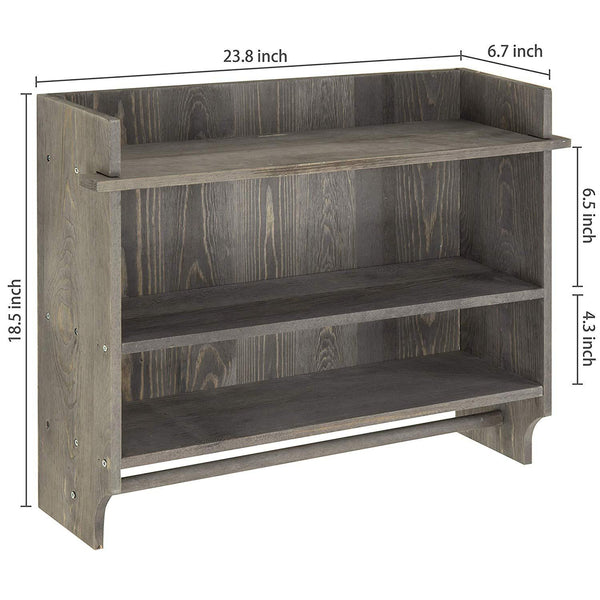 MyGift Wall-Mounted Gray Wood 3-Tier Bathroom Organizer Shelf with Towel Bar