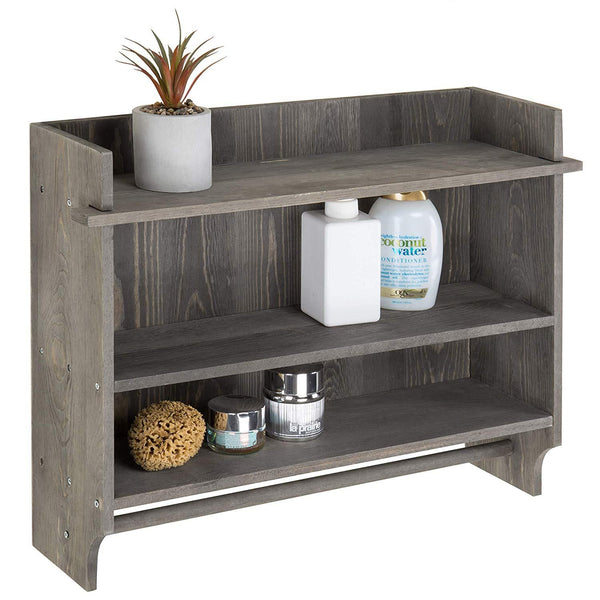 MyGift Wall-Mounted Gray Wood 3-Tier Bathroom Organizer Shelf with Towel Bar