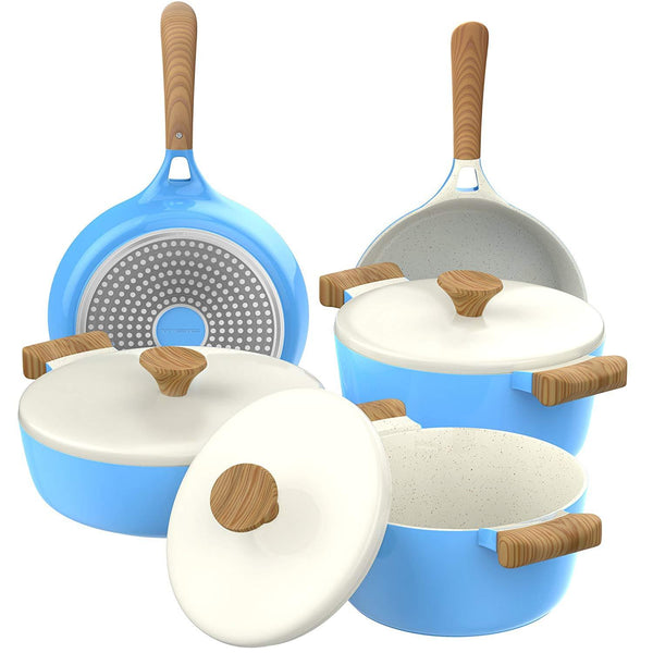 Vremi 8 Piece Ceramic Nonstick Cookware Set - Induction Stovetop Compatible Dishwasher Safe Non Stick Pots with Lids and Frying Pans - PTFE PFOA Free - Blue