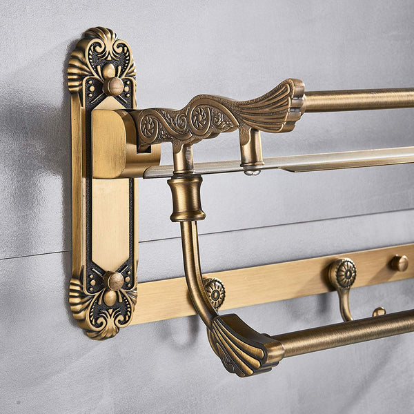 Rozin Art Carved Antique Brass Bathroom Storage Shelf Holder Wall Mounted
