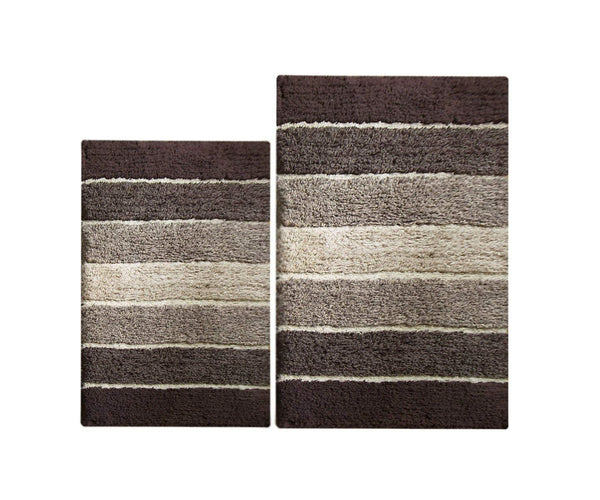 Chardin Home - 100% Pure Cotton - 2 Piece Cordural Stripe Bath Rug Set, (21''x34'' & 17''x24'') Gray-Beige with Latex spray non-skid backing