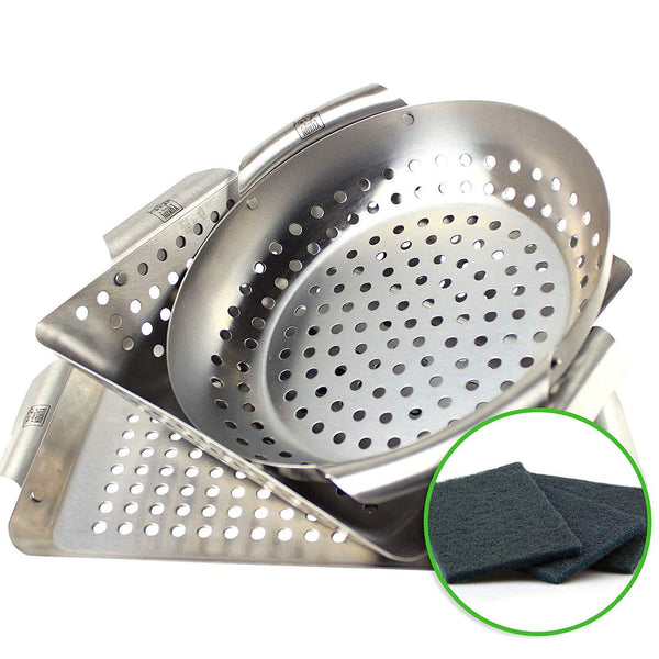 Yukon Glory 3-Piece Mini BBQ Grill Baskets Accessory Set with Cleaning Pads,for Grilling Vegetables, Chicken Pieces etc