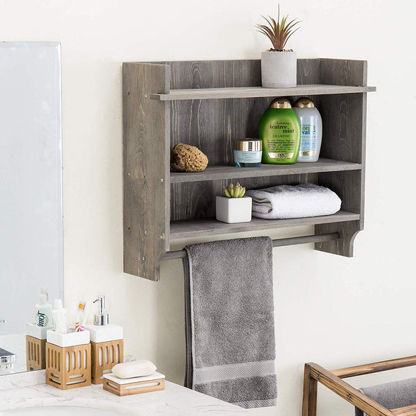 MyGift Wall-Mounted Gray Wood 3-Tier Bathroom Organizer Shelf with Towel Bar