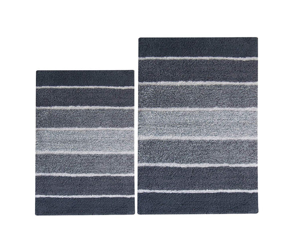 Chardin Home - 100% Pure Cotton - 2 Piece Cordural Stripe Bath Rug Set, (21''x34'' & 17''x24'') Gray-Beige with Latex spray non-skid backing