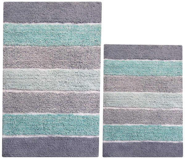 Chardin Home - 100% Pure Cotton - 2 Piece Cordural Stripe Bath Rug Set, (21''x34'' & 17''x24'') Gray-Beige with Latex spray non-skid backing
