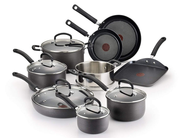 T-fal Hard Anodized Cookware Set, Nonstick Pots and Pans Set, 17 Piece, Thermo-Spot Heat Indicator,  Black