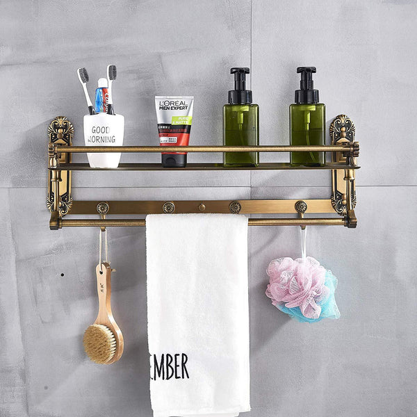 Rozin Art Carved Antique Brass Bathroom Storage Shelf Holder Wall Mounted