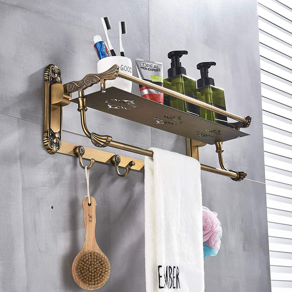 Rozin Art Carved Antique Brass Bathroom Storage Shelf Holder Wall Mounted