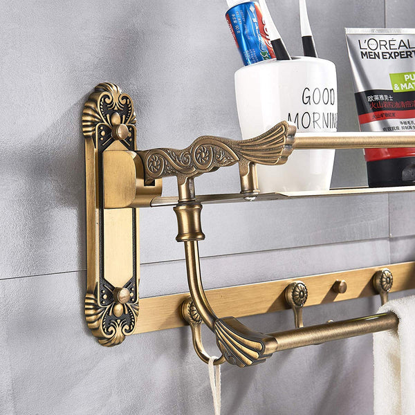 Rozin Art Carved Antique Brass Bathroom Storage Shelf Holder Wall Mounted