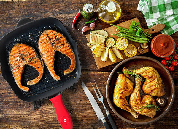 Vremi Pre-Seasoned Cast Iron Square Grill Pan - 11 inch Nonstick Stove Top Grilling Pan for Oven and Vegetables - Silicone Handle Cover - Heavy Duty Cast Iron Grill Pans for Electric or Gas Stove Tops