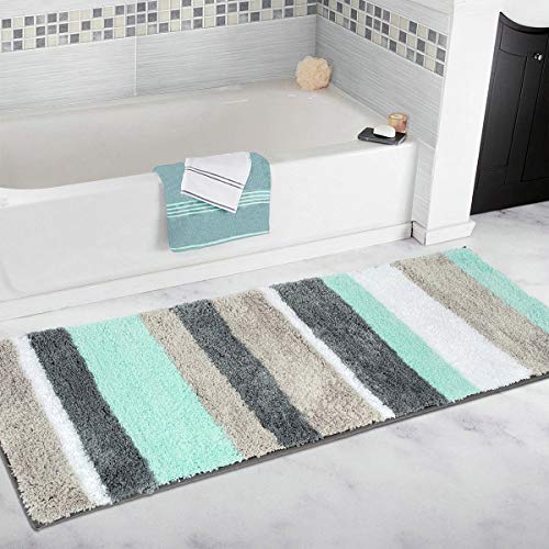 HEBE Non-Slip Bathroom Rug Mat Shag Microfiber Shower Bath Rug Absorbent Bath Mat for Bathroom Machine Washable(18x26, Blue/Grey)