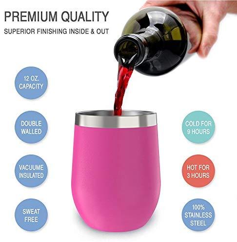 CHILLOUT LIFE Stainless Steel Stemless Wine Glass Tumbler 2 Pack Rose Gold 12 oz | Double Wall Vacuum Insulated Wine Tumbler with Lids and Straws Set of Two for Coffee, Wine, Cocktails, Ice Cream