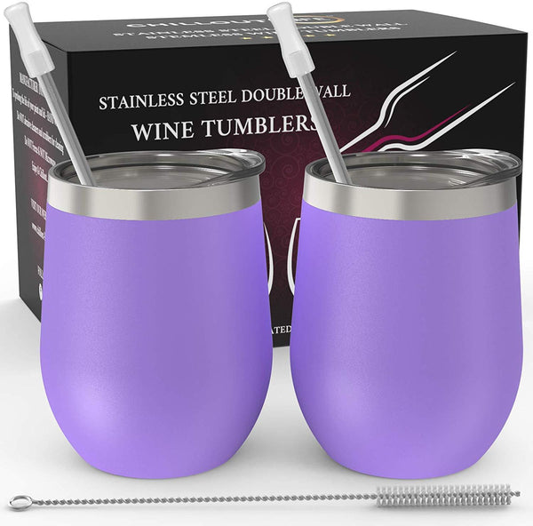 CHILLOUT LIFE Stainless Steel Stemless Wine Glass Tumbler 2 Pack Rose Gold 12 oz | Double Wall Vacuum Insulated Wine Tumbler with Lids and Straws Set of Two for Coffee, Wine, Cocktails, Ice Cream