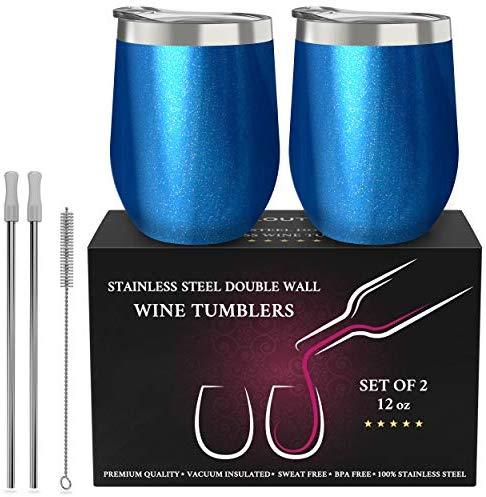 CHILLOUT LIFE Stainless Steel Stemless Wine Glass Tumbler 2 Pack Rose Gold 12 oz | Double Wall Vacuum Insulated Wine Tumbler with Lids and Straws Set of Two for Coffee, Wine, Cocktails, Ice Cream