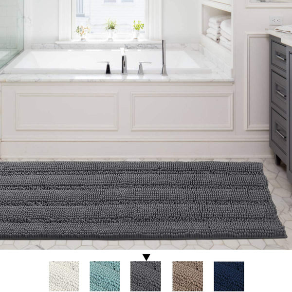 H.VERSAILTEX Bath Rug Runner 47" X 17" Large and Luxury Grey Striped Bath Mat Runner Ultra Soft Thick Non Slip Washable, Plush Shaggy Chenille Bathroom Rug Mat for Indoor Floor/Entry Way