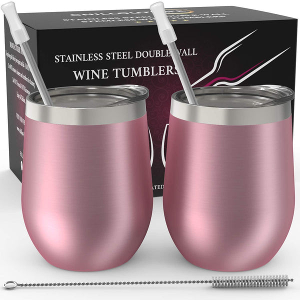 CHILLOUT LIFE Stainless Steel Stemless Wine Glass Tumbler 2 Pack Rose Gold 12 oz | Double Wall Vacuum Insulated Wine Tumbler with Lids and Straws Set of Two for Coffee, Wine, Cocktails, Ice Cream