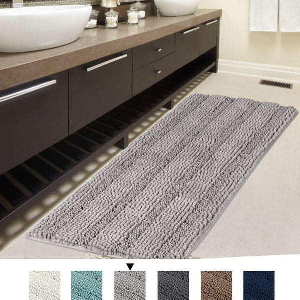 H.VERSAILTEX Bath Rug Runner 47" X 17" Large and Luxury Grey Striped Bath Mat Runner Ultra Soft Thick Non Slip Washable, Plush Shaggy Chenille Bathroom Rug Mat for Indoor Floor/Entry Way