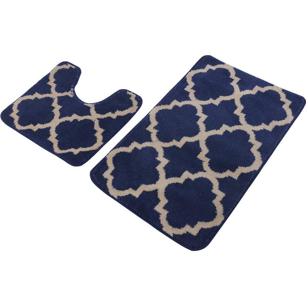 Pauwer Bath Rug Sets 3 Piece for Bathroom Non Slip Bath Mat Set Washable Bath Rug Set Pattern 28.4"x17.7"/Contour Mat 17.7"x17.7"/ Lid Cover (Navy)