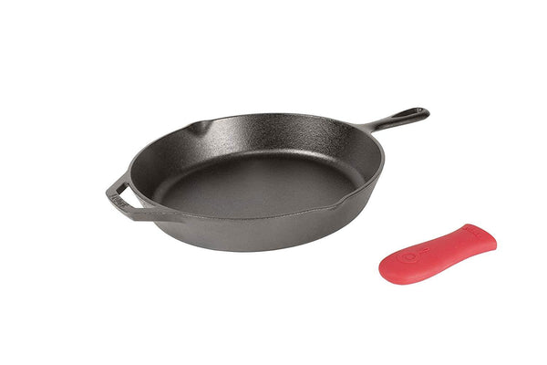 Lodge 12 Inch Cast Iron Skillet. Pre-Seasoned Cast Iron Skillet with Red Silicone Hot Handle Holder.