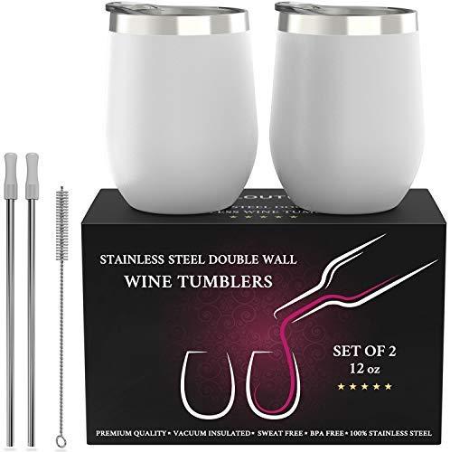 CHILLOUT LIFE Stainless Steel Stemless Wine Glass Tumbler 2 Pack Rose Gold 12 oz | Double Wall Vacuum Insulated Wine Tumbler with Lids and Straws Set of Two for Coffee, Wine, Cocktails, Ice Cream