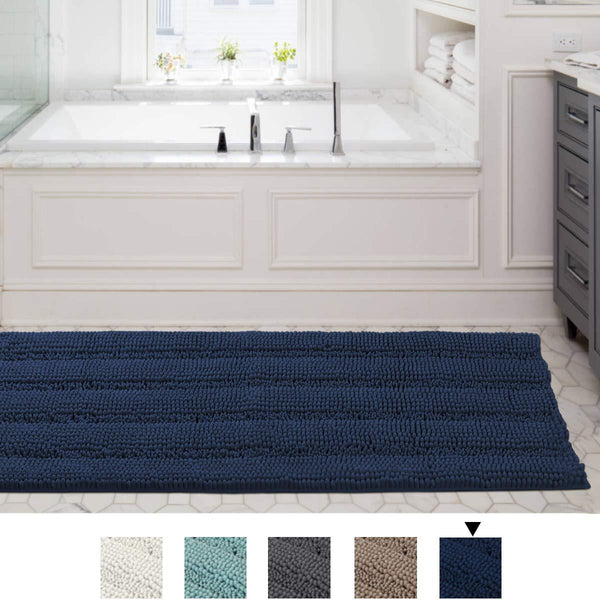 H.VERSAILTEX Bath Rug Runner 47" X 17" Large and Luxury Grey Striped Bath Mat Runner Ultra Soft Thick Non Slip Washable, Plush Shaggy Chenille Bathroom Rug Mat for Indoor Floor/Entry Way