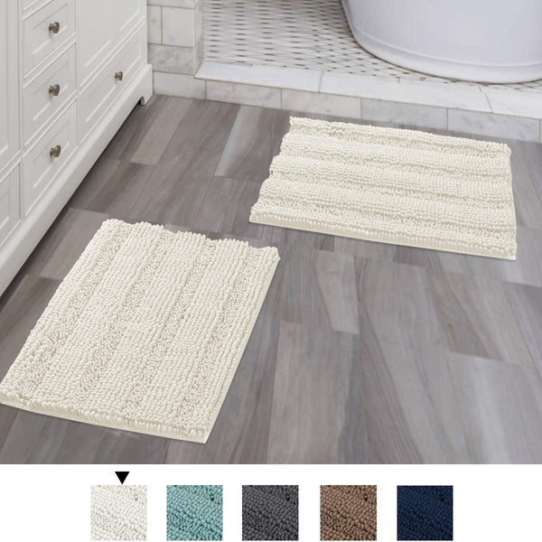 Navy Blue Bathroom Rugs Slip-Resistant Extra Absorbent Soft and Fluffy Striped Bath Mat Set Chenille Bath Rugs, Floor Mats Dry Fast Machine Washable (Set of 2-20" x 32"/17" x 24")