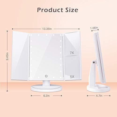 BESTOPE Makeup Mirror with Lights, 7X/5X Magnification Vanity Mirror with 21 LED Lights, 180° Rotation Trifold Touch Screen Cosmetic Mirrors and Dual Power Supply