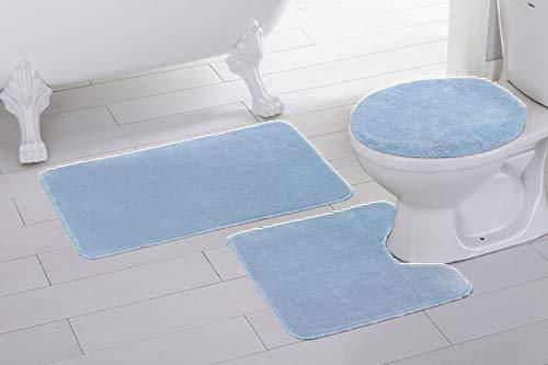 Fancy Linen 3pc Non-Slip Bath Mat Set Solid Silver/Light Grey Bathroom U-Shaped Contour Rug, Mat and Toilet Lid Cover New