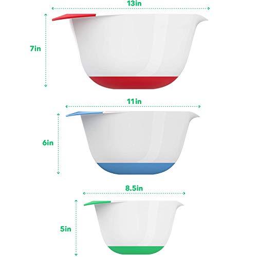 Vremi 3 Piece Plastic Mixing Bowl Set - Nesting Mixing Bowls with Rubber Grip Handles Easy Pour Spout and Non Slip Bottom - Three Sizes Small Large Capacity for Kitchen Baking or Salad - White Multi