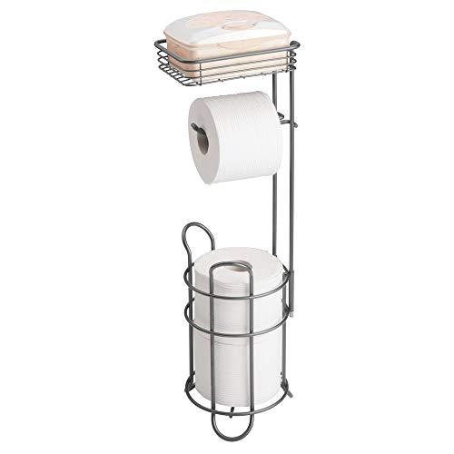 mDesign Freestanding Metal Wire Toilet Paper Roll Holder Stand and Dispenser with Storage Shelf for Cell, Mobile Phone - Bathroom Storage Organization - Holds 3 Mega Rolls - Satin