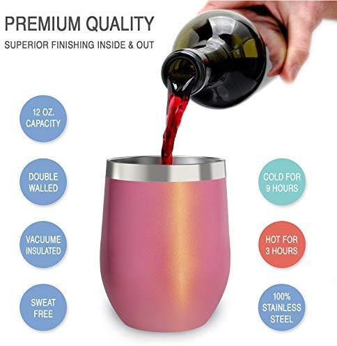 CHILLOUT LIFE Stainless Steel Stemless Wine Glass Tumbler 2 Pack Rose Gold 12 oz | Double Wall Vacuum Insulated Wine Tumbler with Lids and Straws Set of Two for Coffee, Wine, Cocktails, Ice Cream