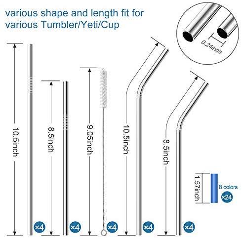 Stainless Steel Straws,Set of 16 FDA-Approved Reusable Drinking Straws for 30oz&20oz Tumbler, 10.5" 8.5" Metal Straws with 24 Soft Silicone Tips,4 Cleaning Brushes(8 Bent 8 Straight)