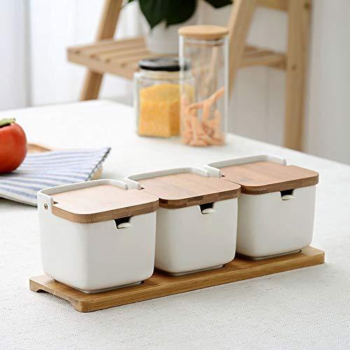 Ceramic Condiment Containers Spice Jars with spoon - Bamboo Spice Containers with Lids, Sugar Storage Container and Salt Seasoning Box for Kitchen and Home, White, 250ML (8.54OZ), Set of 3