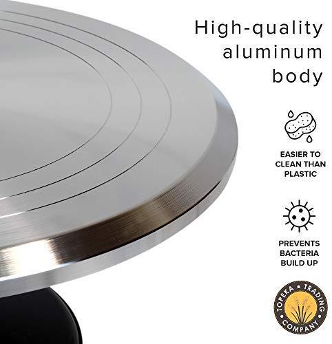 Topeka Trading Company Rotating Cake Decorating Turntable With Bonus Icing Spatula | 12" Diameter Aluminum Alloy Stand With Platform | Non-Slip Base & Smooth Rotation (Silver/Black)