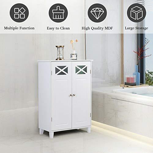 Tangkula Bathroom Floor Cabinet, Double Doors Wooden Free Standing Bathroom Cabinet, Adjustable Shelf Floor Storage Organizer (White)