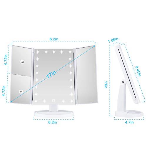 KOOLORBS Makeup 21 Led Vanity Mirror with Lights, 1x 2x 3x Magnification, Touch Screen Switch, 180 Degree Rotation, Dual Power Supply, Portable Trifold Makeup Mirror, White