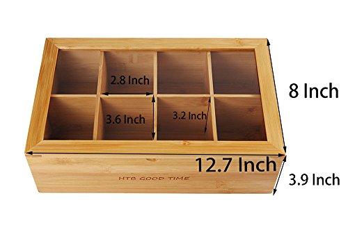 Bamboo Tea Bag Container, “GOOD TIME” Engraved Tea Box Organizer, Tea Bag Chest With Transparent Lid, 8 Compartments organizers and storage With Magnetic Closure By HTB