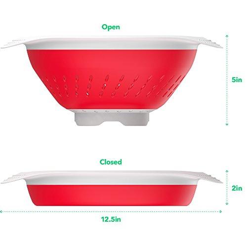 Vremi 5 Quart Collapsible Colander - BPA Free Silicone Food Strainer with Plastic Handles - Heavy Duty Foldable Heat Resistant Pasta and Veggies Kitchen Drainer Steam Basket - Dishwasher Safe - Red