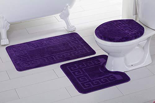 Fancy Linen 3pc Non-Slip Bath Mat Set with Chain Pattern Solid Dark Purple Bathroom U-Shaped Contour Rug, Mat and Toilet Lid Cover New