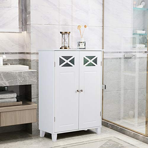 Tangkula Bathroom Floor Cabinet, Double Doors Wooden Free Standing Bathroom Cabinet, Adjustable Shelf Floor Storage Organizer (White)