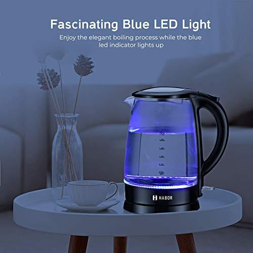 Habor Electric kettle, Water Boiler 1500W Fast Heating Tea Pot, 1.8 Quart (1.7 L) Blue LED Lights Bright Glass Body, Auto Shut-Off Boil-Dry Protection Stainless Steel Inner Lip