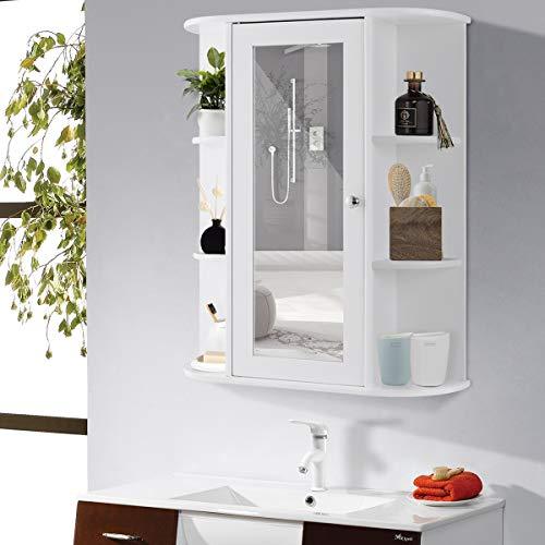 Tangkula Bathroom Cabinet Single Door Wall Mount with Mirror Organizer Storage Cabinet(4 Tier Inner Shelves)