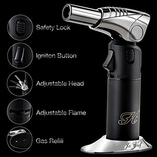 Jo Chef Kitchen Torch, Blow Torch - Refillable Butane Torch With Adjustable Flame - Culinary Torch, Creme Brûlée Torch For Cooking Food, Baking, BBQ & More + FREE Recipe eBook (With Fuel Gauge)