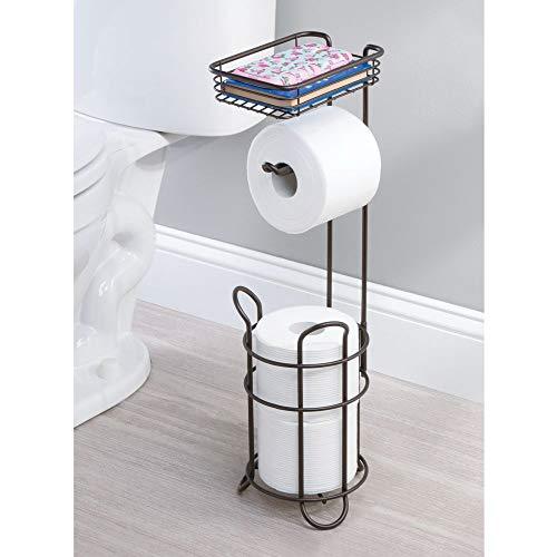 mDesign Freestanding Metal Wire Toilet Paper Roll Holder Stand and Dispenser with Storage Shelf for Cell, Mobile Phone - Bathroom Storage Organization - Holds 3 Mega Rolls - Satin