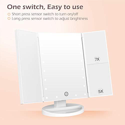 BESTOPE Makeup Mirror with Lights, 7X/5X Magnification Vanity Mirror with 21 LED Lights, 180° Rotation Trifold Touch Screen Cosmetic Mirrors and Dual Power Supply