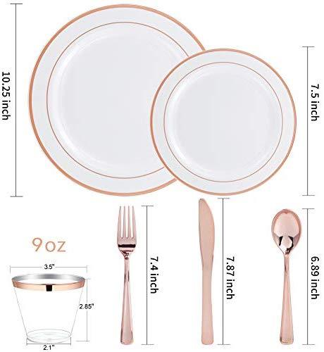 IOOOOO Gold Plates & Plastic Silverware & Gold Cups, Disposable Dinnerware 150 Pieces Includes: 25 Dinner Plates, 25 Dessert Plates, 25 Tumblers, 25 Forks, 25 Knives, 25 Spoons