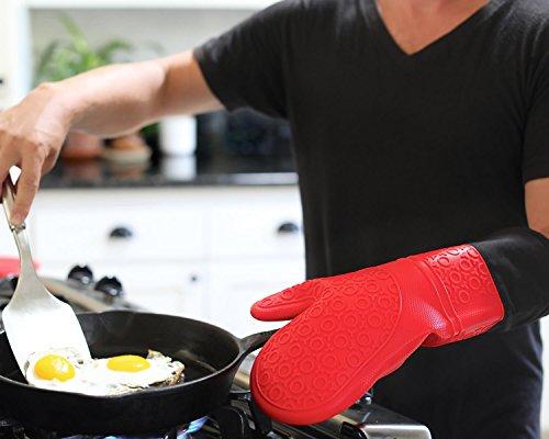 Extra Long Professional Silicone Oven Mitt - 1 Pair - Oven Mitts with Quilted Liner - Red - by The Triumphant Chef