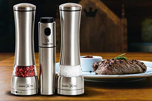 Premium Salt and Pepper Grinder Set of 3 - Oil Dispenser + Stainless Steel Salt Grinder and Pepper Mill– Salt and Pepper Shakers with Ceramic Rotor - Box by HOME EC