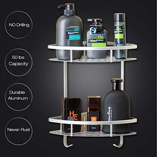 Lancher Bathroom Shelf (No Drilling) Durable Aluminum 2 Tiers Shower Shelf Kitchen Storage Basket Adhesive Suction Corner Shelves Shower Caddy